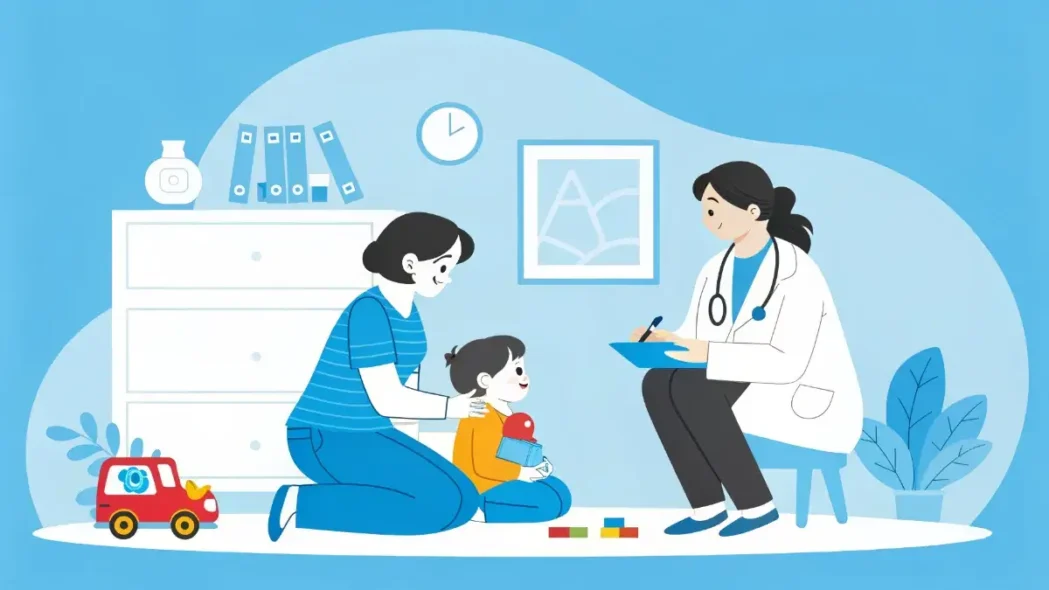 Parent talking to a pediatrician, with a child playing nearby. Soft colors, emphasizing support and guidance