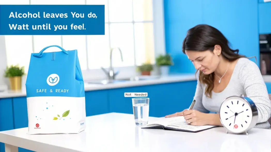 a mother breastfeeding after drinking alcohol, with educational visuals showing how alcohol clears from blood and breast milk over time. Includes a clock, milk storage bags, a crossed-out pump symbol, and text highlights like "Wait until you feel sober" and "Plan ahead." Calm, informative style emphasizing safe breastfeeding choices